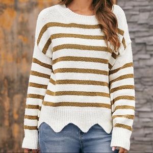 White & Mustard Striped Scallop Hem Sweater